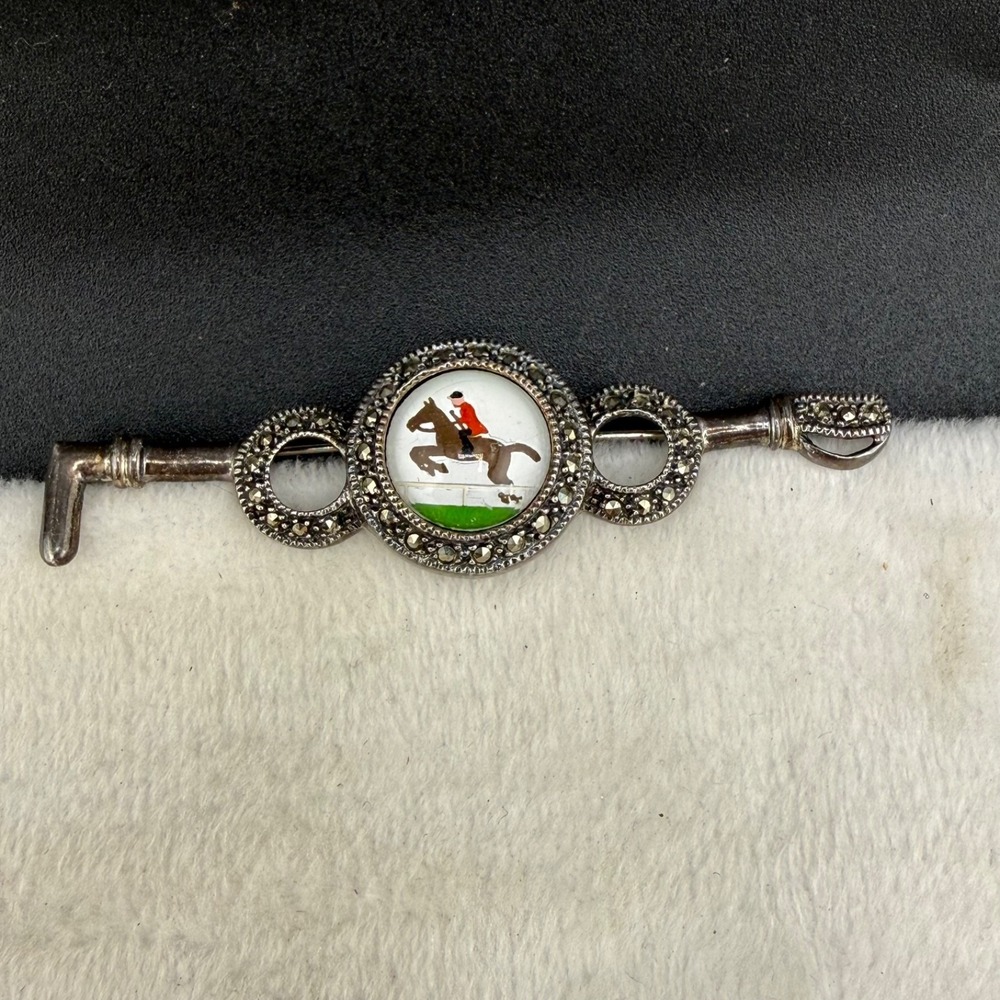 Vintage Sterling Silver Brooch‎ Marcasite Equestrian Hunt Bar